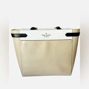 Kate Spade Staci Laptop Tote Bag Leather Handbag Beige Brown Color Block EUC